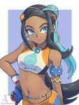  1girl aqua_eyes aqua_hair armlet belly_chain black_hair blue_eyeshadow commentary dark_skin dynamax_band earrings eyeshadow gloves gym_leader hair_bun holding holding_poke_ball hoop_earrings jewelry long_hair looking_to_the_side makeup multicolored_hair navel necklace nessa_(pokemon) peron_(niki2ki884) poke_ball poke_ball_(basic) pokemon pokemon_(game) pokemon_swsh solo two-tone_hair 