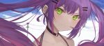  1girl absurdres bare_shoulders blush choker clouds fang fang_out floating_hair green_eyes hair_ornament hairclip highres hololive long_hair looking_at_viewer multiple_piercings outdoors purple_hair takasumikei tokoyami_towa twintails virtual_youtuber wind 