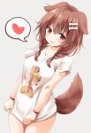  1girl animal_ears bone_hair_ornament braid brown_eyes brown_hair commentary_request cowboy_shot dog_ears dog_tail grey_background hair_ornament heart highres hololive inugami_korone looking_at_viewer minazuki_mizu no_pants shirt shirt_tug simple_background solo spoken_heart t-shirt tail twin_braids virtual_youtuber 