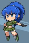  1girl black_gloves blue_eyes blue_hair chibi earrings eyebrows_visible_through_hair full_body gloves ibara. jewelry leona_heidern long_hair midriff ponytail shorts solo standing the_king_of_fighters 