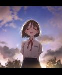  1girl arms_behind_back blue_skirt booota brown_hair closed_eyes clouds collared_shirt crying evening open_mouth original outdoors pleated_skirt red_neckwear school_uniform shirt short_hair short_sleeves skirt sky solo standing tears tree uniform white_shirt 