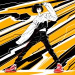  1girl abstract_background arm_up black_hair black_pants bob_cut full_body long_sleeves midriff navel original pants red_footwear shirt shoes short_hair signature sleeves_past_fingers sleeves_past_wrists solo standing twitter_username white_shirt yotsube_nawoki 