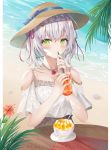  1girl absurdres beach breasts casual genshin_impact green_eyes hair_ornament hat highres jewelry medium_breasts necklace noelle_(genshin_impact) short_hair silver_hair 