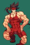 1boy bara bare_shoulders brown_hair bulge chest covered_abs feet_out_of_frame guilty_gear hand_on_hip headgear long_hair male_focus muscle na_insoo ponytail shiny shiny_skin simple_background sol_badguy solo spiky_hair thighs tight wrestling_outfit yellow_eyes 