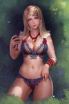  1girl ankh bangs blonde_hair blue_bra blue_panties bra breasts bug butterfly cowboy_shot cup goblet green_eyes highres holding holding_cup insect jewelry keira_metz long_hair medium_breasts navel necklace panties pearl_necklace prywinko solo swept_bangs the_witcher the_witcher_3 underwear underwear_only 
