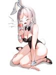  1girl animal_ears bangs bunny_tail closed_eyes eyebrows_visible_through_hair full_body highres microphone open_mouth original playboy_bunny rabbit_ears screaming seiza simple_background sitting solo tail white_background 