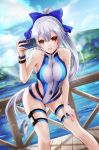  1girl alicexxxfragment bare_shoulders blue_bow blue_sky blue_swimsuit bow breasts cellphone clouds collarbone commentary_request competition_swimsuit fate/grand_order fate_(series) hair_between_eyes hair_bow hand_on_thigh highleg highleg_swimsuit highres holding holding_phone large_breasts leaning_forward long_hair looking_at_viewer mitsudomoe_(shape) mountain one-piece_swimsuit outdoors phone ponytail red_eyes shark silver_hair sky smartphone smile solo striped striped_swimsuit striped_wristband swimsuit thigh_strap tomoe_(symbol) tomoe_gozen_(fate/grand_order) tomoe_gozen_(swimsuit_saber)_(fate) very_long_hair water white_swimsuit wristband 