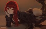  artist_name ass black_jacket black_leotard coattails frilled_sleeves frills hair_down hand_on_own_face highres jacket legs_up leotard light_blush looking_at_viewer lying on_stomach persona persona_5 persona_5_the_royal raidouart red_eyes redhead yoshizawa_kasumi 