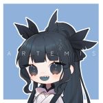  1girl artemis_of_the_blue atelier_live bangs black_eyes black_hair blue_tongue character_name chibi english_commentary long_ponytail lowres mole mole_under_eye open_mouth ponytail shark_girl sharp_teeth solo teeth virtual_youtuber yueko_(jiayue_wu) 