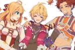  1girl 2boys abs autumn_leaves blonde_hair closed_eyes fiora_(xenoblade) green_eyes grin long_hair midriff mugimugis multiple_boys open_mouth red_vest reyn_(xenoblade) shulk_(xenoblade) smile vest xenoblade_chronicles xenoblade_chronicles_(series) 