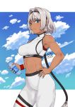  1girl absurdres bangs bare_shoulders blue_eyes blue_sky bottle breasts caenis_(fate) closed_mouth dark_skin fate/grand_order fate_(series) hair_intakes hairband hand_on_hip highres jaheterbang large_breasts long_hair looking_at_viewer midriff navel pants ponytail sky sports_bra sportswear thighs very_long_hair water_bottle white_hair white_pants white_sports_bra yoga_pants 