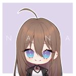  1girl ahoge atelier_live blue_eyes brown_hair character_name chibi choker crescent english_commentary long_hair looking_at_viewer lowres nanatsuki_nana smile solo virtual_youtuber yueko_(jiayue_wu) 