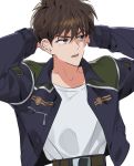  1boy arms_behind_head arms_up belt blue_eyes blue_jacket brown_hair gundam gundam_wing heero_yuy jacket open_mouth sakanaokashi shirt shirt_tucked_in short_hair solo white_shirt 