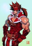  1boy alternate_costume bara bare_shoulders belt_buckle brown_hair buckle candy candy_cane chest christmas covered_abs covered_navel fingerless_gloves food gloves guilty_gear harness headgear long_hair male_focus muscle na_insoo open_clothes pelvic_curtain ponytail santa_costume shiny shiny_skin simple_background sleeveless sol_badguy solo spiky_hair tight yellow_eyes 