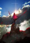  1girl back clouds cloudy_sky commentary_request copyright_name dual_wielding fate/grand_order fate_(series) hill holding long_hair otsumami_(bu-bu-heaven) paint_splatter photo_background redhead scathach_(fate)_(all) scathach_(fate/grand_order) sky solo standing sun 