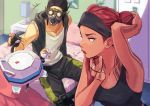  1boy 1girl 2gou adjusting_hair apex_legends arm_tattoo arm_up armpits bed bed_sheet bedroom black_gloves black_tank_top breasts brown_eyes commentary_request double_bun drone fingerless_gloves gas_mask gloves headband highres indoors lifeline_(apex_legends) nose octane_(apex_legends) on_bed pants pillow red_lips redhead shirt sitting sitting_on_bed small_breasts tank_top tattoo tying_hair white_shirt 