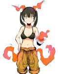  1girl black_bra black_hair bra closed_mouth copyright_request ddari fiery_horns fiery_tail fire highres horns jumpsuit jumpsuit_around_waist looking_at_viewer medium_hair navel orange_jumpsuit smile solo stomach tail twintails underwear yellow_eyes 