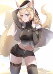  1girl :q absurdres animal_ear_fluff animal_ears arknights arm_up black_headwear black_shorts blonde_hair blue_eyes breasts capelet commentary cowboy_shot crop_top grey_legwear hand_up highres large_breasts lims_(neko2lims) long_hair long_sleeves looking_at_viewer midriff navel open_fly short_shorts shorts simple_background smile solo standing stomach tail thigh-highs thighs tongue tongue_out whislash_(arknights) white_background white_capelet 