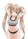  1girl bra breasts character_name commentary_request cowboy_shot grey_bra grey_panties holding holding_hair kantai_collection leaning_forward long_hair looking_at_viewer medium_breasts murasame_(kantai_collection) panties simple_background smile solo standing tamu_(mad_works) thigh_gap underwear underwear_only white_background 