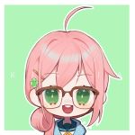  1girl atelier_live character_name chibi english_commentary glasses green_eyes klaeia_(vtuber) looking_at_viewer lowres open_mouth sailor_collar smile solo tied_hair virtual_youtuber yueko_(jiayue_wu) 