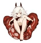  1girl breasts copyright_request crossed_legs ddari hand_on_own_chin highres horns long_hair looking_at_viewer nude parted_lips red_eyes simple_background sitting small_breasts solo suction_cups tentacles toenail_polish toenails white_background white_hair 