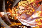  1boy black_jacket black_pants blonde_hair cape closed_mouth commentary_request ech eyebrows fire flaming_sword flaming_weapon forehead holding holding_sword holding_weapon jacket katana kimetsu_no_yaiba long_sleeves male_focus multicolored_hair pants redhead rengoku_kyoujurou sheath solo sword two-handed two-tone_hair unsheathed v-shaped_eyebrows weapon white_cape yellow_eyes 