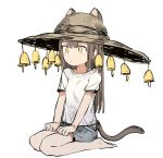  1girl animal_ears barefoot blue_shorts brown_hair cat_ears cat_tail closed_mouth copyright_request ddari hat hat_bell highres long_hair seiza shirt short_sleeves shorts simple_background sitting solo straw_hat tail white_background white_shirt yellow_eyes 