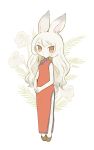  1girl animal_ears ayu_(mog) bare_arms brown_eyes china_dress chinese_clothes closed_mouth dress floral_background full_body green_footwear long_dress long_hair looking_at_viewer original own_hands_together rabbit_ears red_dress romaji_commentary shoes side_slit solo standing white_hair 