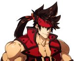  1boy bara bare_shoulders brown_hair chest guilty_gear headgear long_hair male_focus muscle na_insoo open_clothes pelvic_curtain persona persona_5 ponytail shiny shiny_skin simple_background sleeveless sol_badguy solo spiky_hair tagme upper_body white_background yellow_eyes 