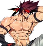  1boy abs arm_behind_head armband bara brown_hair chest fingerless_gloves gloves guilty_gear headgear long_hair male_focus muscle na_insoo navel pants ponytail shiny shiny_skin shirtless simple_background sol_badguy solo spiky_hair veins white_pants yellow_eyes 