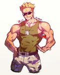  1boy bare_arms belt blonde_hair blue_eyes camouflage camouflage_pants character_name collarbone dog_tags green_tank_top grey_background hand_on_hip highres male_focus muscle na_insoo pants poke_ball poke_ball_(basic) pokemon pokemon_(game) pokemon_hgss shiny shiny_skin sketch smirk solo sunglasses surge_(pokemon) tank_top teeth 