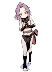  1girl bare_shoulders black_legwear bound bound_wrists closed_mouth ddari full_body head_tilt highres kunoichi_tsubaki_no_mune_no_uchi looking_at_viewer medium_hair ninja pelvic_curtain pigeon-toed ponytail purple_hair red_eyes ringed_eyes rope sazanka_(kunoichi_tsubaki_no_mune_no_uchi) simple_background socks solo standing stirrup_legwear sweat toeless_legwear toenails white_background 