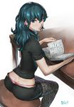  1girl ass blue_eyes book byleth_(fire_emblem) byleth_eisner_(female) fire_emblem fire_emblem:_three_houses green_hair light_blush looking_at_viewer open_book ozkh panties pantyhose parted_lips pink_panties short_shorts shorts simple_background solo thong underwear wavy_hair 