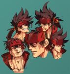  1boy :p brown_hair collage collarbone expressions face guilty_gear headgear long_hair male_focus multiple_views muscle na_insoo open_clothes pelvic_curtain ponytail shiny shiny_skin simple_background sol_badguy spiky_hair tongue tongue_out yellow_eyes 