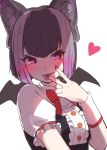  1girl :p animal_ears bat_ears bat_girl bat_wings black_hair blush bow bowtie center_frills collared_shirt commentary_request common_vampire_bat_(kemono_friends) eyebrows_visible_through_hair finger_to_tongue frills heart highres kemono_friends kemono_friends_3 multicolored_hair nail_polish nyan_drow puffy_short_sleeves puffy_sleeves purple_hair purple_nails red_neckwear shirt short_hair short_sleeves sleeve_cuffs solo tongue tongue_out two-tone_hair v violet_eyes white_sleeves wings 
