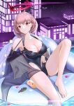  absurdres arino_ayarei azur_lane bare_shoulders barefoot black_swimsuit collarbone duca_degli_abruzzi_(azur_lane) duca_degli_abruzzi_(lustrous_onyx_sirenetta)_(azur_lane) earrings glowing glowing_eye hair_ornament hairclip halo heart heart-shaped_pupils highres inflatable_chair jewelry light_purple_hair light_smile manjuu_(azur_lane) mechanical_arms one-piece_swimsuit petals pool prosthesis prosthetic_arm prosthetic_hand red_eyes single_mechanical_arm swimsuit symbol-shaped_pupils wet wet_clothes wet_swimsuit 