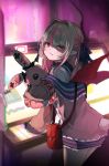  alternate_costume alternate_hairstyle bag blurry blurry_background demon_wings fang game_console highres jacket long_hair looking_at_viewer makaino_ririmu nijisanji pointy_ears red_eyes ribbon roll_okashi school_uniform stuffed_animal stuffed_bunny stuffed_toy virtual_youtuber wings 