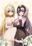  2girls absurdres ass black_dress black_gloves black_legwear black_leotard blonde_hair breasts clothing_cutout dress elbow_gloves fate/grand_order fate_(series) flower gloves grey_hair headpiece highres holding_hands jeanne_d&#039;arc_(alter)_(fate) jeanne_d&#039;arc_(fate) jeanne_d&#039;arc_(fate)_(all) large_breasts leotard leotard_under_clothes long_hair multiple_girls navel navel_cutout onedoo short_dress thigh-highs very_long_hair violet_eyes white_dress white_flower white_leotard yellow_eyes 