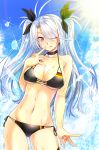  1girl :q antenna_hair ass_visible_through_thighs azur_lane bangs bare_shoulders bikini black_bikini black_choker black_ribbon blush breasts brown_eyes choker collarbone commentary_request cross cross_earrings day earrings eyebrows_visible_through_hair eyes_visible_through_hair finger_to_mouth flag_print gekato german_flag_bikini hair_between_eyes hair_ribbon head_tilt highres jewelry large_breasts long_hair looking_at_viewer multicolored_hair navel one_eye_closed outdoors prinz_eugen_(azur_lane) prinz_eugen_(unfading_smile)_(azur_lane) redhead ribbon side-tie_bikini silver_hair sky solo standing streaked_hair sunlight swept_bangs swimsuit thigh_strap tongue tongue_out two_side_up 