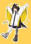  1girl :d animal_ears arms_up bangs black_hair blush_stickers boots daifukumochi_(akaaokiiwo) emolga eyebrows_visible_through_hair full_body gen_5_pokemon highres jacket long_hair long_sleeves looking_at_viewer open_mouth orange_background outline personification pokedex_number pokemon puffy_long_sleeves puffy_sleeves sleeves_past_wrists smile solo squirrel_ears thigh-highs thighhighs_under_boots very_long_hair white_footwear white_jacket white_legwear white_outline yellow_eyes 