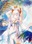  1girl absurdres animal_ears arknights arms_up bangs bare_shoulders bare_thighs bikini breasts brown_eyes fox_ears hair_ornament highres long_hair parted_lips plant platinum_(arknights) popipopopo silver_hair solo standing swimsuit traditional_media watercolor_(medium) white_bikini 