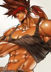  1boy abs alternate_costume bara black_tank_top brown_hair chest glowing glowing_eyes guilty_gear headgear lifted_by_self long_hair male_focus muscle na_insoo navel ponytail shiny shiny_skin shirt_lift simple_background sol_badguy solo spiky_hair tank_top upper_body yellow_eyes 