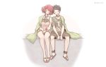  1boy 1girl alternate_costume bangs bare_legs breasts chest_jewel closed_eyes full_body large_breasts leaning_on_person mochimochi_(xseynao) o-ring pyra_(xenoblade) redhead rex_(xenoblade) sandals shared_blanket shirt short_hair shorts shoulder-to-shoulder simple_background sitting sleeping sleeping_upright smile swept_bangs twitter_username white_background xenoblade_chronicles_(series) xenoblade_chronicles_2 