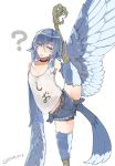  ? animal_ears belt bird_ears bird_legs bird_tail blue_eyes blue_hair blue_wings choker commentary commentary_request eyebrows_visible_through_hair feathered_wings feathers flat_chest harpy highres monster_girl original rnd.jpg short_shorts shorts simple_background split standing standing_on_one_leg standing_split talons tank_top thighs twitter_username winged_arms wings 