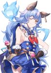  1girl absurdres animal_ears blue_hair blue_skirt brown_eyes brown_gloves closed_mouth commentary_request earrings erune eyebrows_visible_through_hair ferry_(granblue_fantasy) gloves granblue_fantasy hand_on_hip highres hizuki_miya jewelry long_hair looking_at_viewer one_eye_closed simple_background skirt sleeveless smile solo white_background 