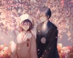  2boys ahoge artist_name bangs black_hair black_kimono blurry blurry_background brown_eyes cherry_blossoms collarbone commentary_request dangan_ronpa dated ewa_(seraphhuiyu) flower hair_between_eyes haori happy_birthday hat hat_flower highres japanese_clothes kimono long_sleeves looking_at_another male_focus medium_hair multiple_boys new_dangan_ronpa_v3 open_mouth ouma_kokichi outdoors petals pink_flower purple_hair saihara_shuuichi short_hair smile striped striped_kimono translation_request uchikake upper_body violet_eyes white_flower white_kimono wide_sleeves 