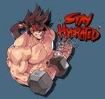  1boy abs bara bare_chest brown_hair chest cropped_torso dumbbell english_text guilty_gear headgear long_hair looking_at_viewer male_focus muscle na_insoo nipples ponytail shiny shiny_skin shirtless simple_background sol_badguy solo spiky_hair splashing water yellow_eyes 