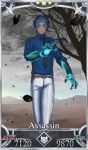  1boy akizora blue_eyes card_(medium) card_parody craft_essence crossover cyborg dark_skin dark_skinned_male facial_mark fate/grand_order fate_(series) forehead_mark mechanical_arm mechanical_arms mechanical_hand prosthesis prosthetic_arm scp-073 scp_foundation star_(symbol) 