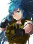  1girl absurdres bangs black_gloves blue_eyes blue_hair gloves green_jacket hairband high_ponytail highres jacket jewelry leona_heidern looking_at_viewer military military_uniform numanoan pocket ponytail solo the_king_of_fighters uniform white_background 