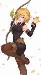  1girl animal bangs bare_shoulders belt black_gloves blonde_hair blush bodysuit boots bow_(weapon) breasts brown_footwear brown_legwear cheshirrr closed_mouth collarbone covered_navel cra dofus elbow_gloves elf evangelyne falling_leaves fingerless_gloves freckles full_body gloves green_eyes hands_up highres leaf leg_up looking_at_viewer medium_breasts parted_lips pointy_ears short_hair sleeveless smile solo standing standing_on_one_leg thigh-highs thigh_boots tofu_(dofus) wakfu weapon 